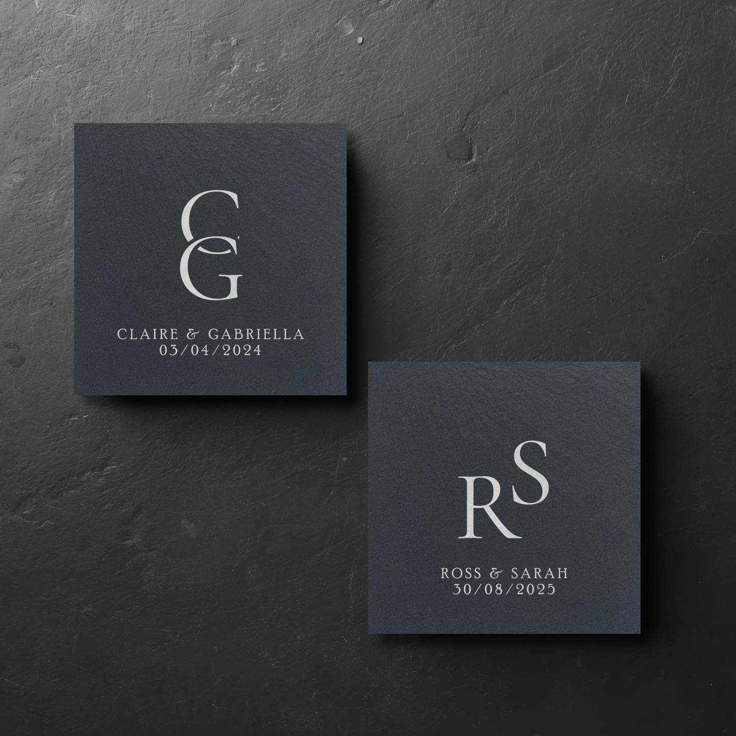 Customisable Initialised Wedding Slate Coasters, Engraved with Names, Initials, and Date