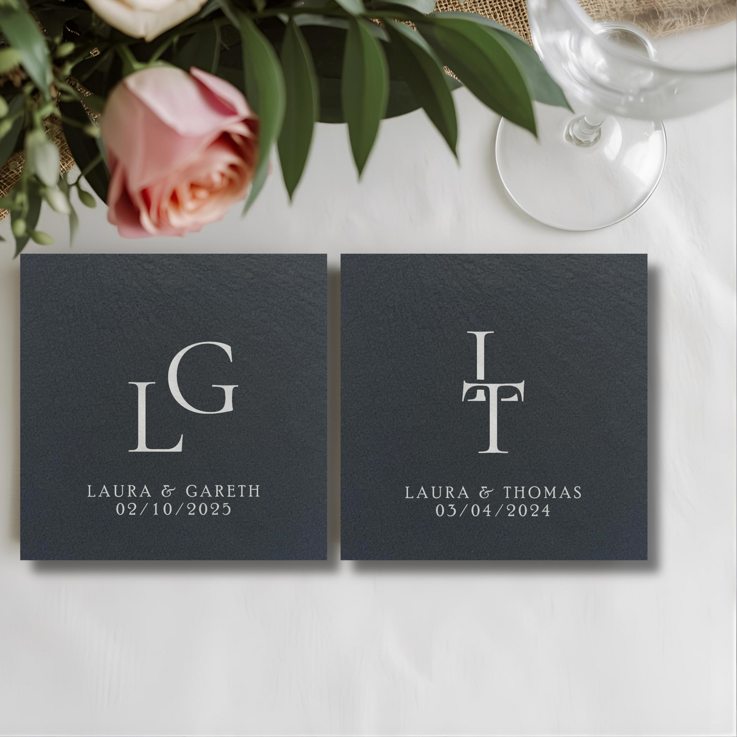 Customisable Initialised Wedding Slate Coasters, Engraved with Names, Initials, and Date
