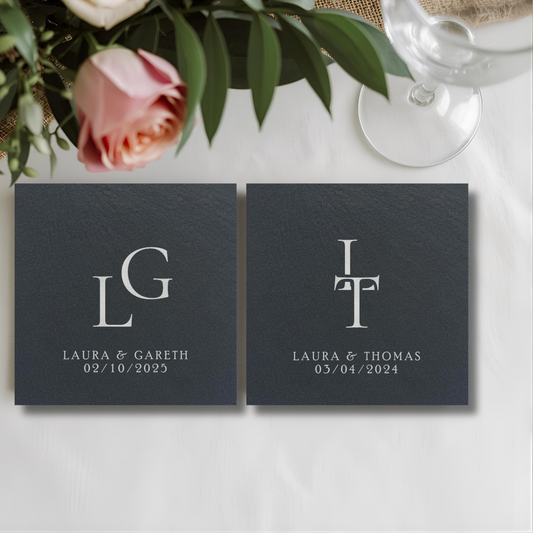 Customisable Initialised Wedding Slate Coasters, Engraved with Names, Initials, and Date
