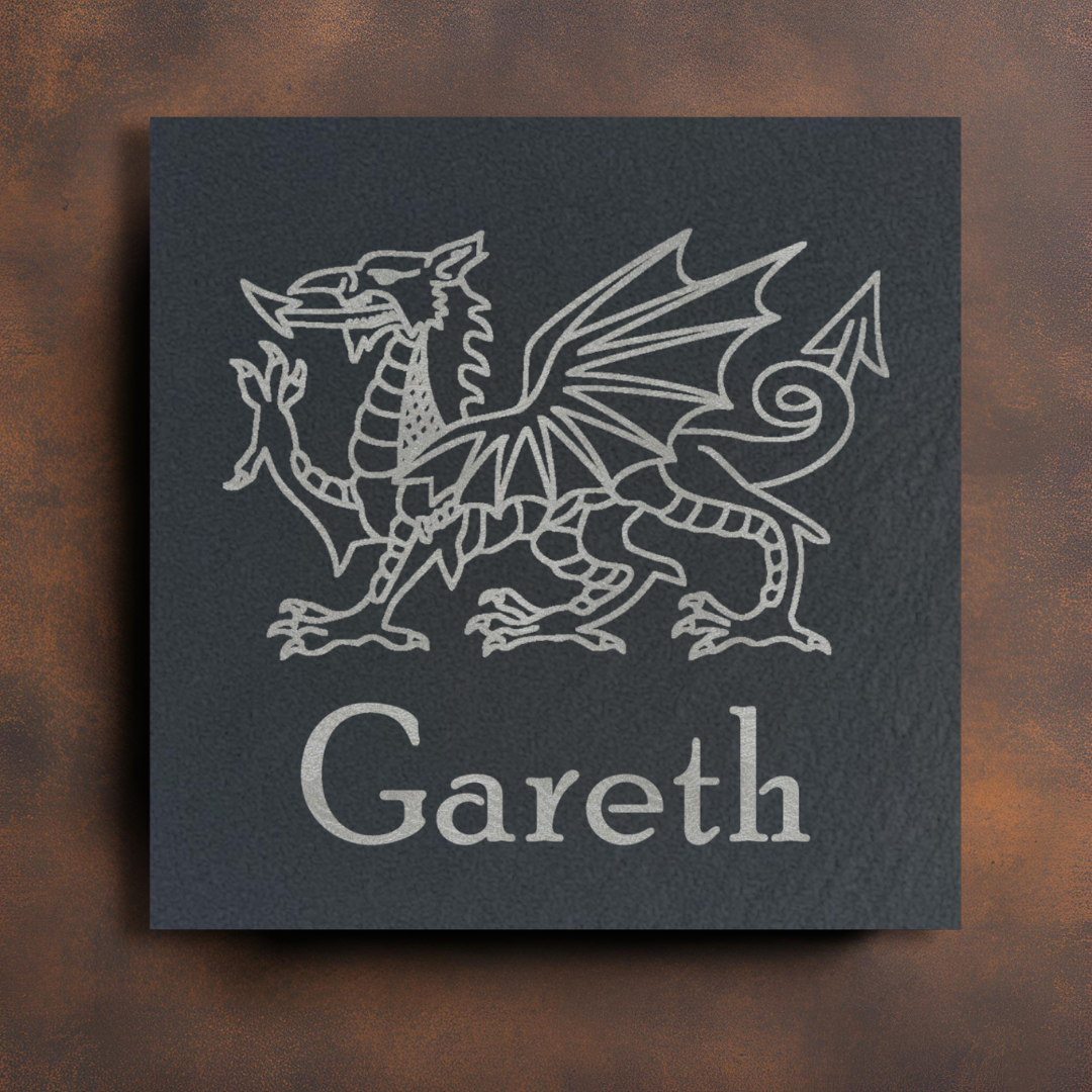 Customisable Welsh Dragon and Welsh Feathers Slate Coaster