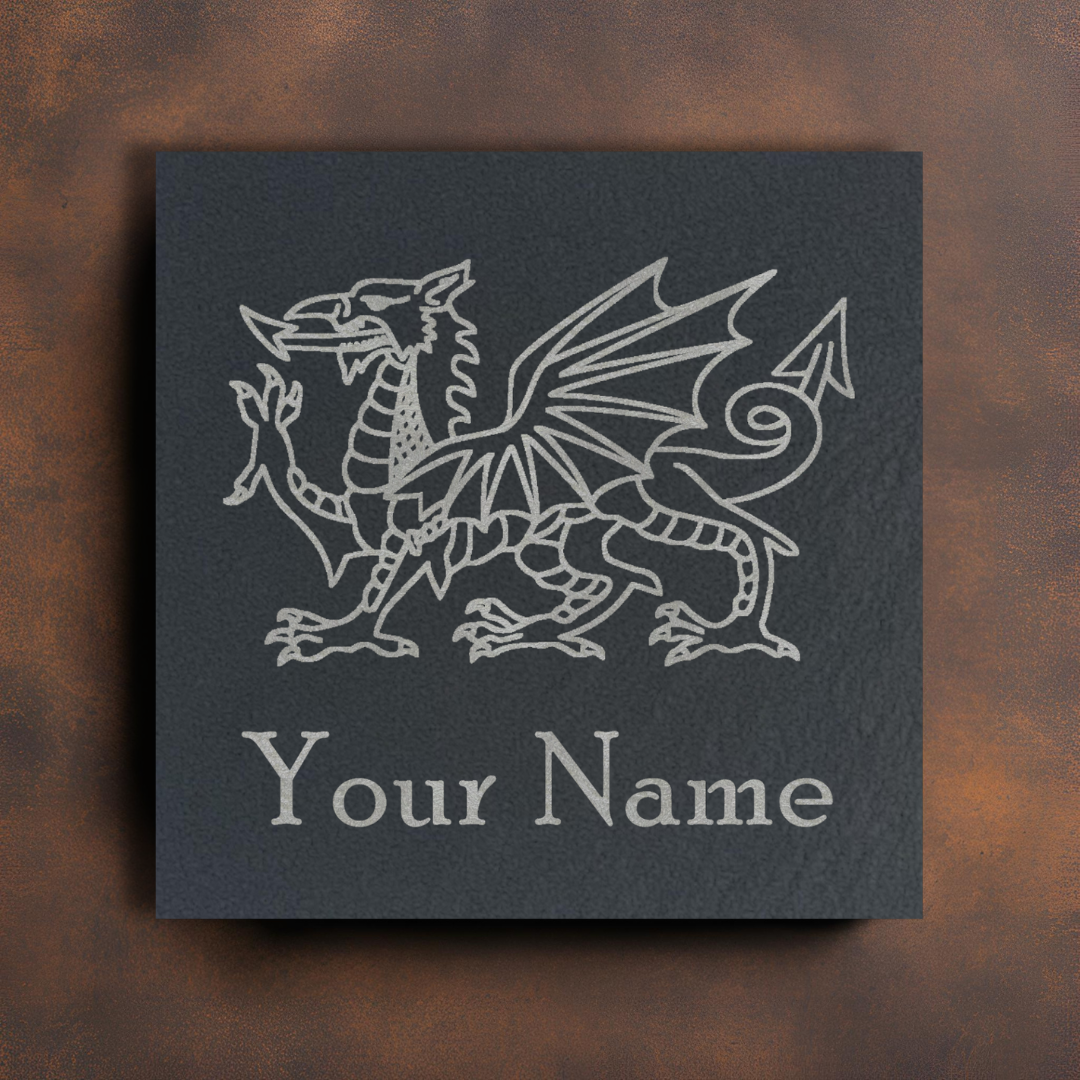 Customisable Welsh Dragon and Welsh Feathers Slate Coaster