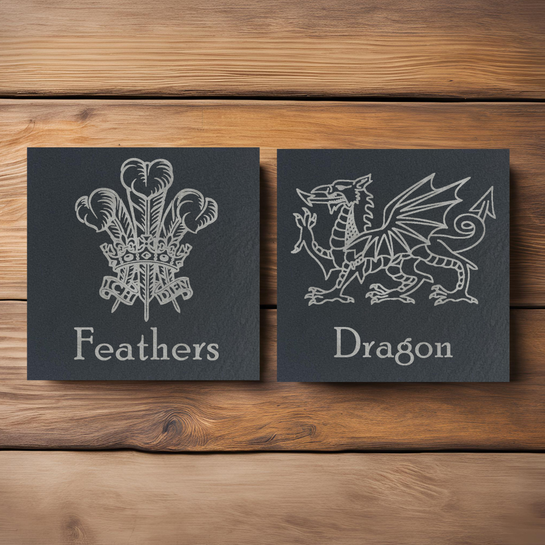 Customisable Welsh Dragon and Welsh Feathers Slate Coaster