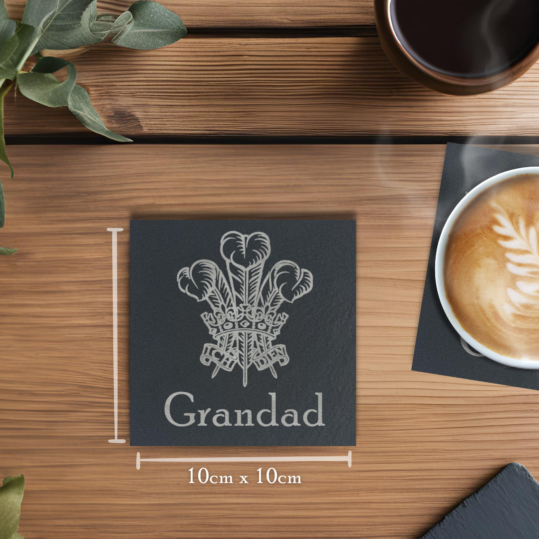 Customisable Welsh Dragon and Welsh Feathers Slate Coaster