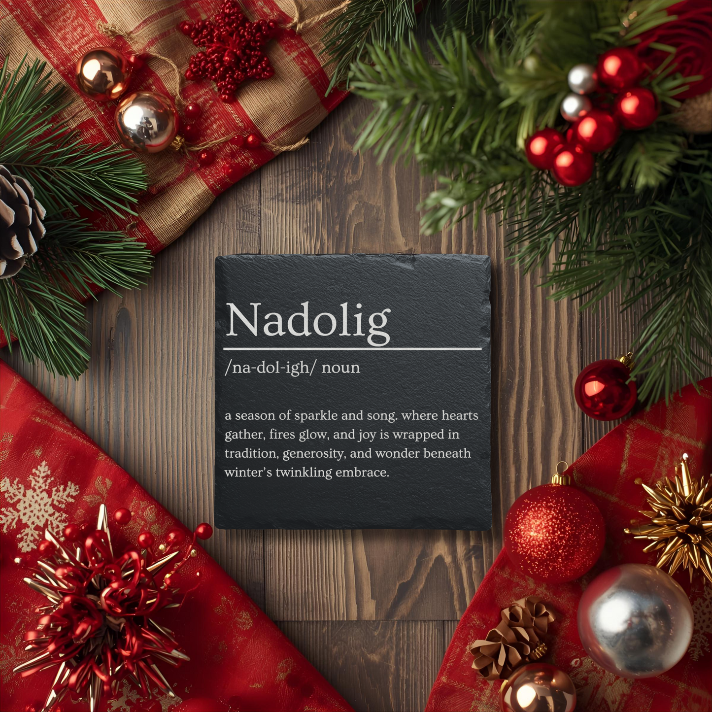 Nadolig Welsh Christmas Slate Coaster