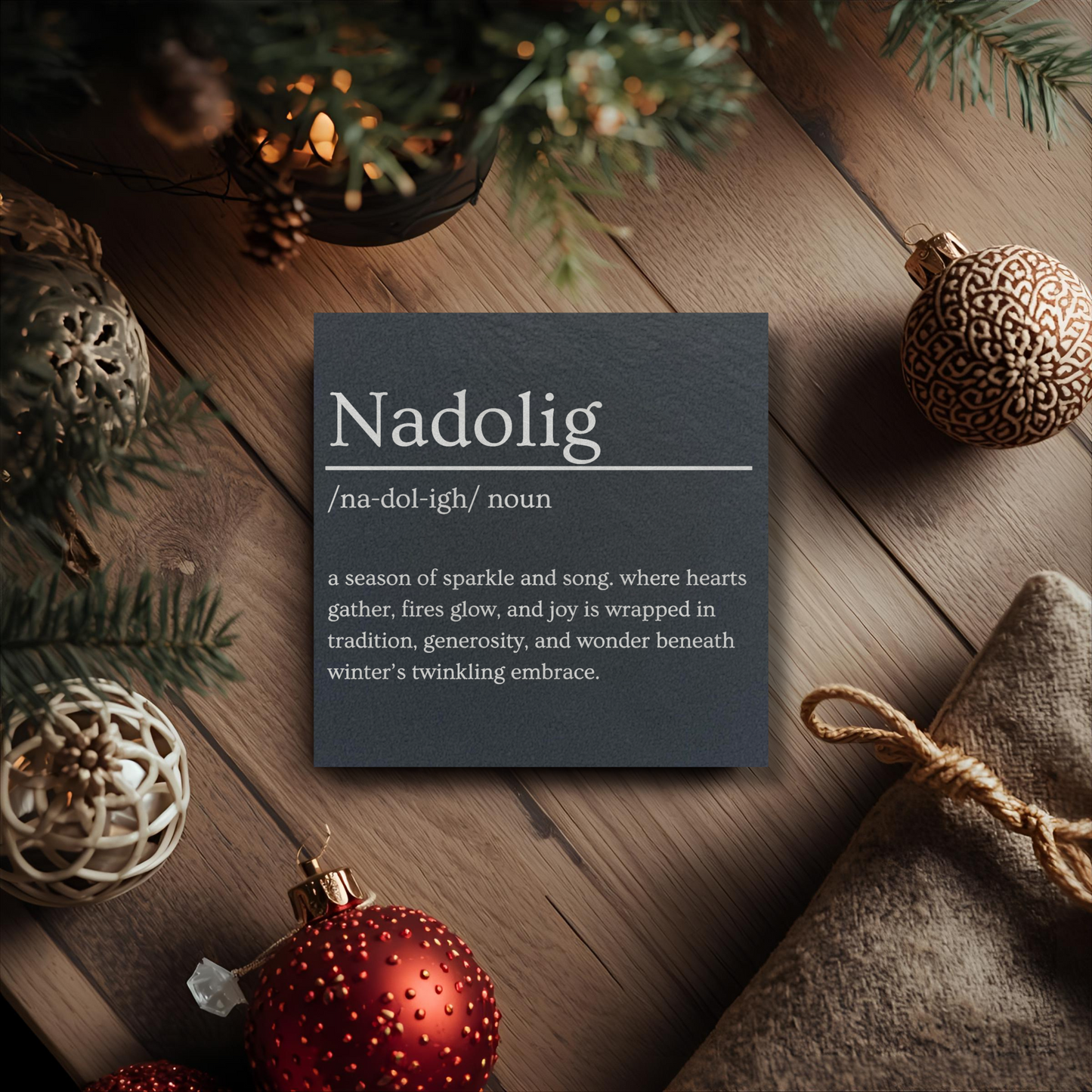 Nadolig Welsh Christmas Slate Coaster