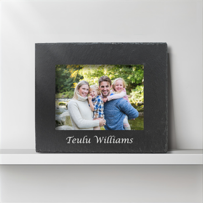 Teulu Welsh Family Customisable Slate Photo Frame