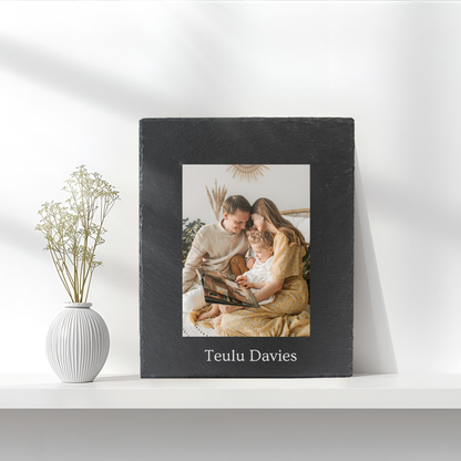 Teulu Welsh Family Customisable Slate Photo Frame