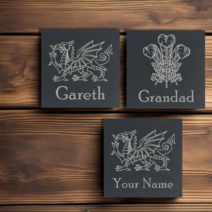 Customisable Welsh Dragon and Welsh Feathers Slate Coaster