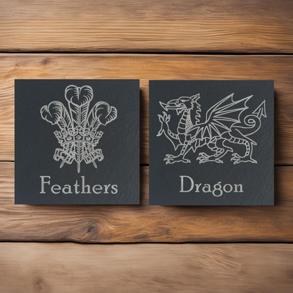 Customisable Welsh Dragon and Welsh Feathers Slate Coaster