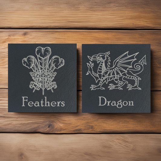 Customisable Welsh Dragon and Welsh Feathers Slate Coaster