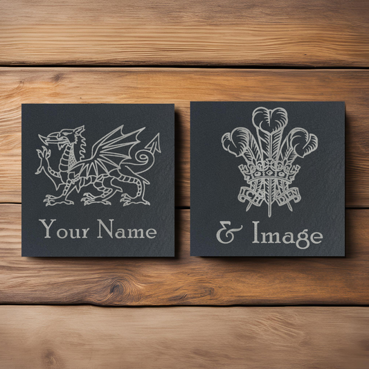 Customisable Welsh Dragon and Welsh Feathers Slate Coaster