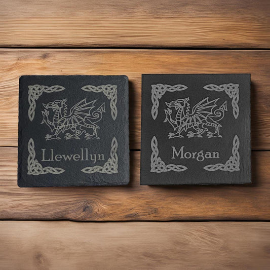 Personalised Welsh Dragon Pattern Slate Coaster
