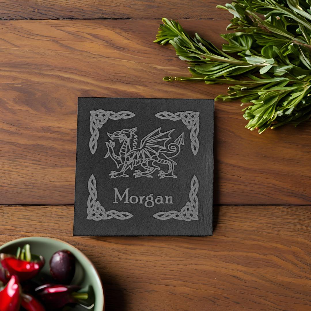 Personalised Welsh Dragon Pattern Slate Coaster