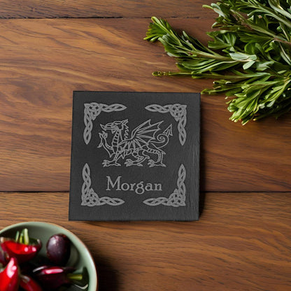 Personalised Welsh Dragon Pattern Slate Coaster